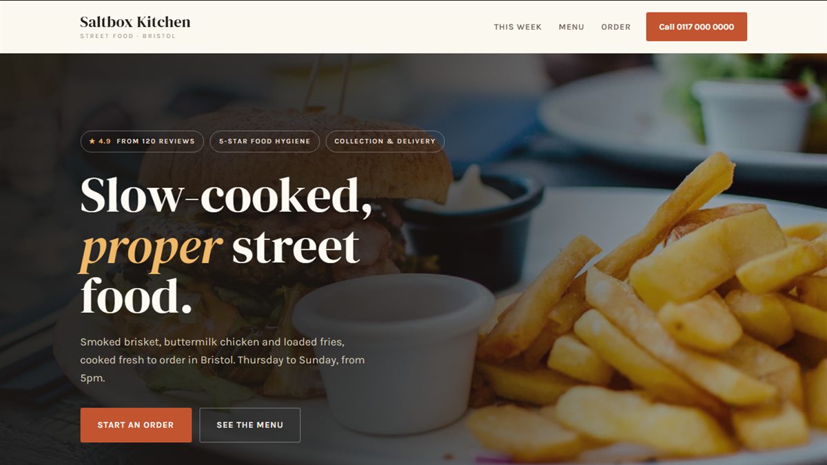 The Saltbox Kitchen demo website homepage, a street-food site built by Vasyl Builds