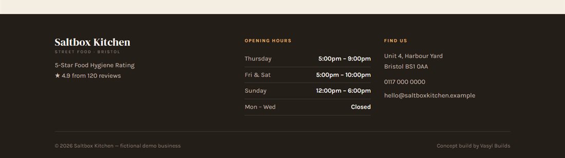 The Saltbox Kitchen demo footer showing opening hours, address and phone number