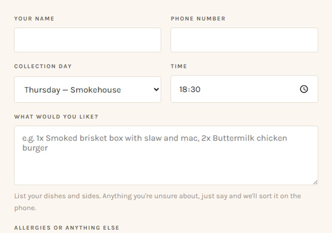 The order form on the Saltbox Kitchen demo, with name, phone, collection day and time fields