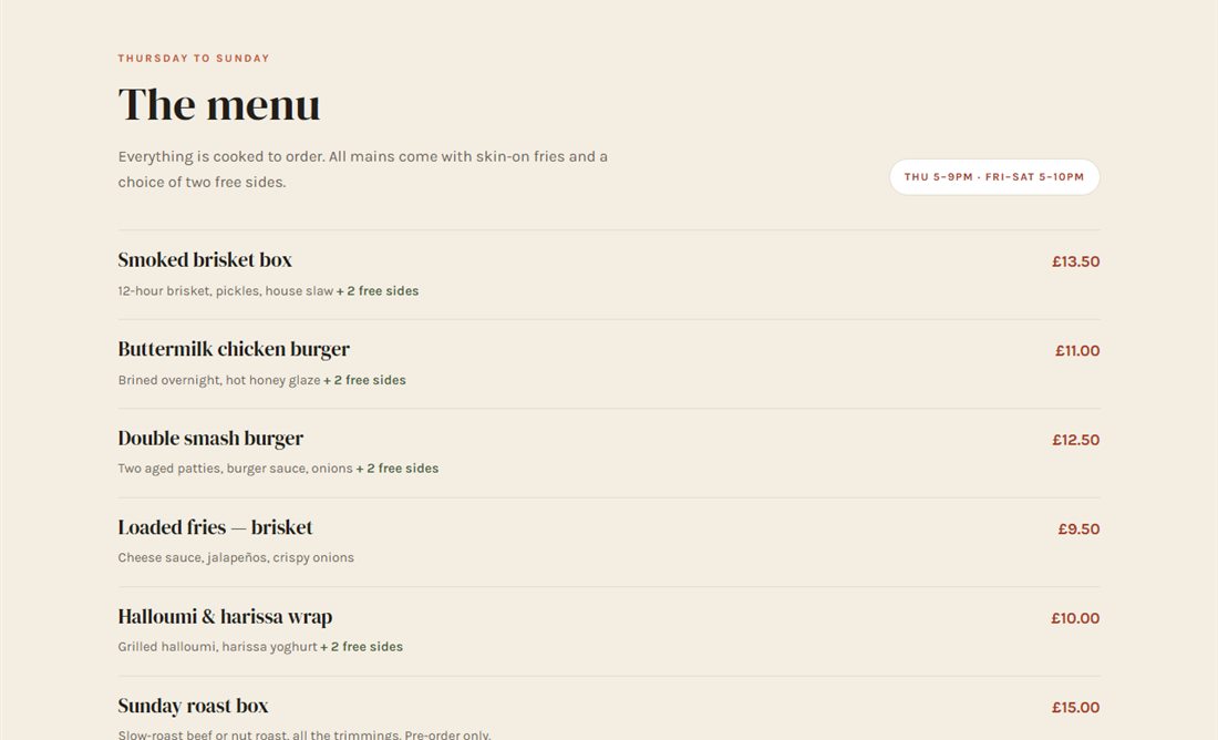 The Saltbox Kitchen demo menu listing dishes and prices