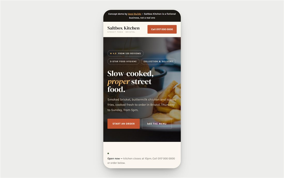 The Saltbox Kitchen demo shown on a phone