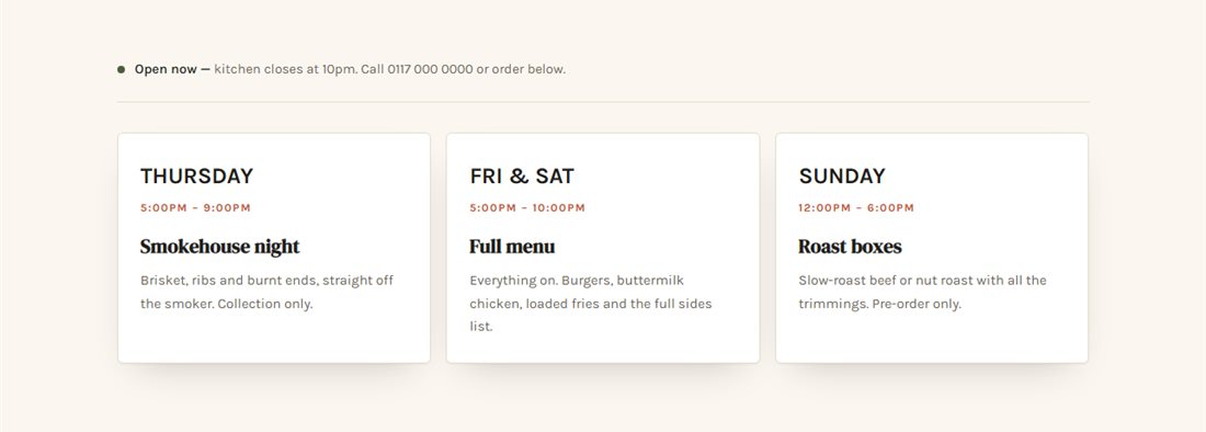 The Saltbox Kitchen demo showing opening days, times and dishes